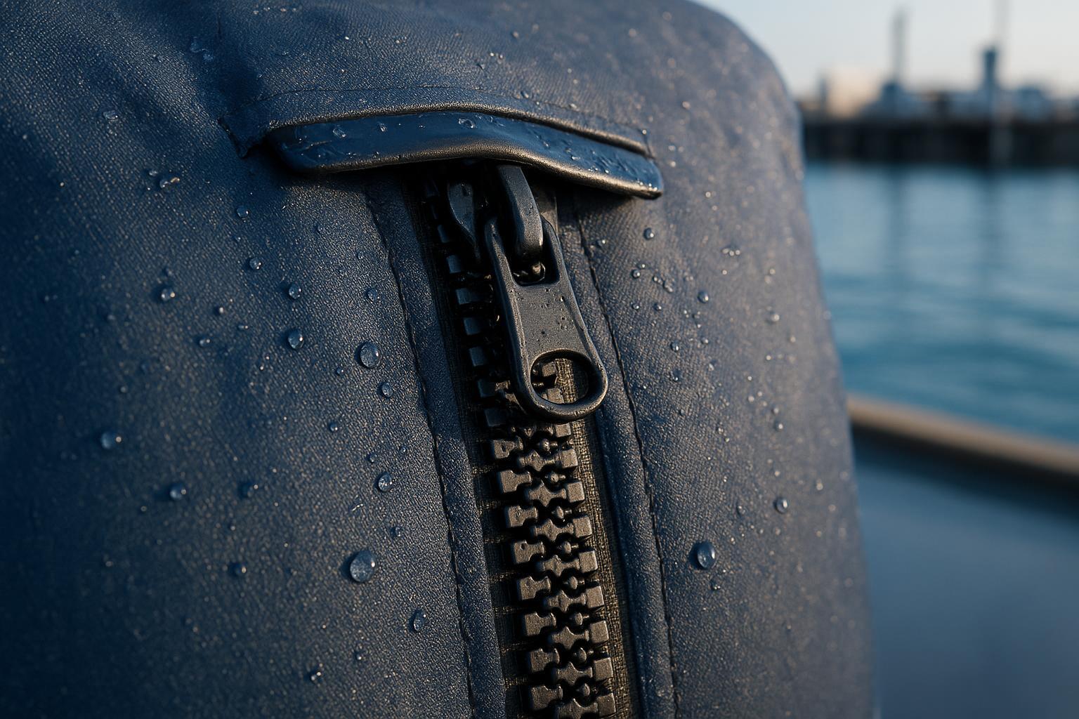 TPU-coated waterproof zipper on a nearshore marine equipment cover with water beading