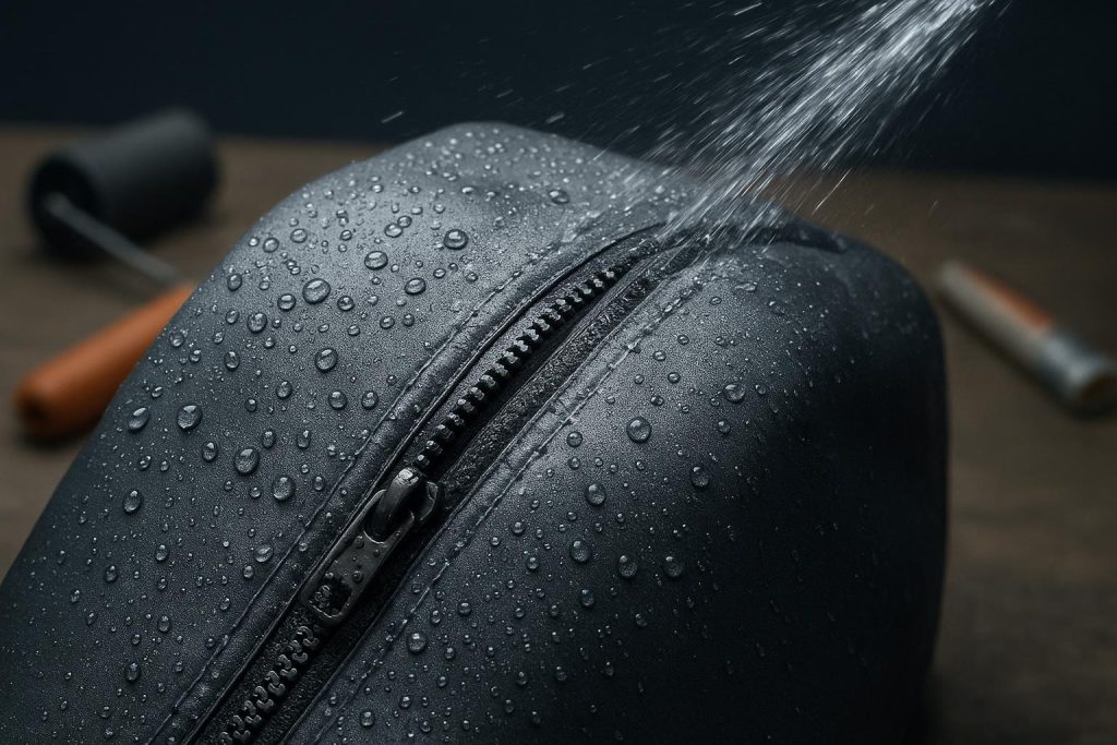 Close-up of a waterproof zipper on a TPU-coated protective cover under hose spray during maintenance testing