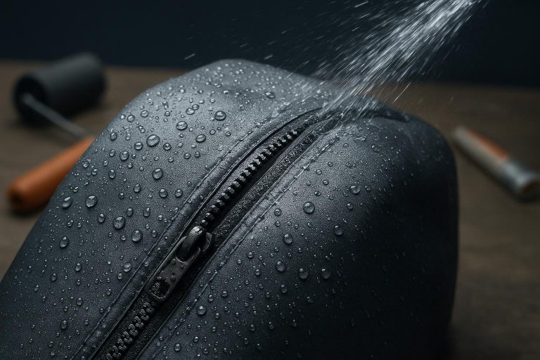 Close-up of a waterproof zipper on a TPU-coated protective cover under hose spray during maintenance testing